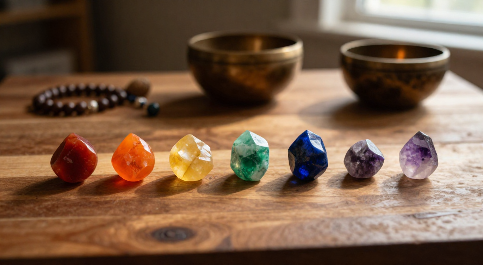 autel en bois et cristaux chakras
