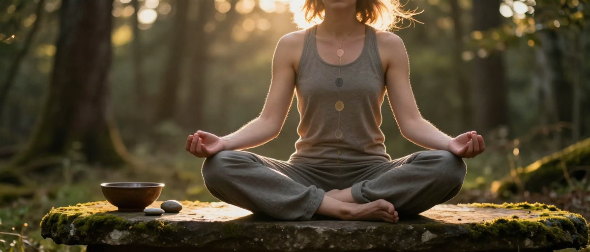 meditation en foret au coucher dore