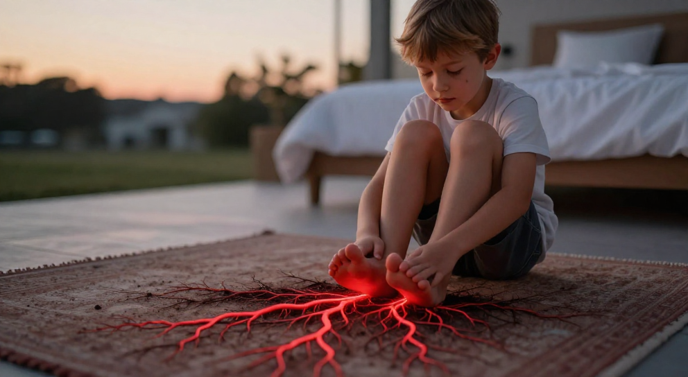 enfant meditant racines rouges lumineuses