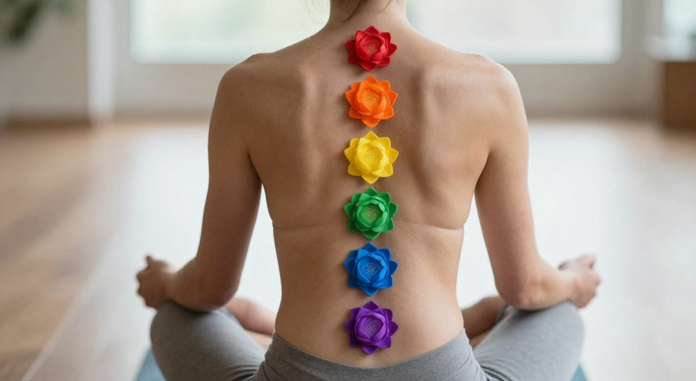 personne assise yoga sept chakras colores