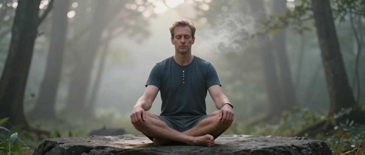 adulte meditant dans une clairiere brumeuse