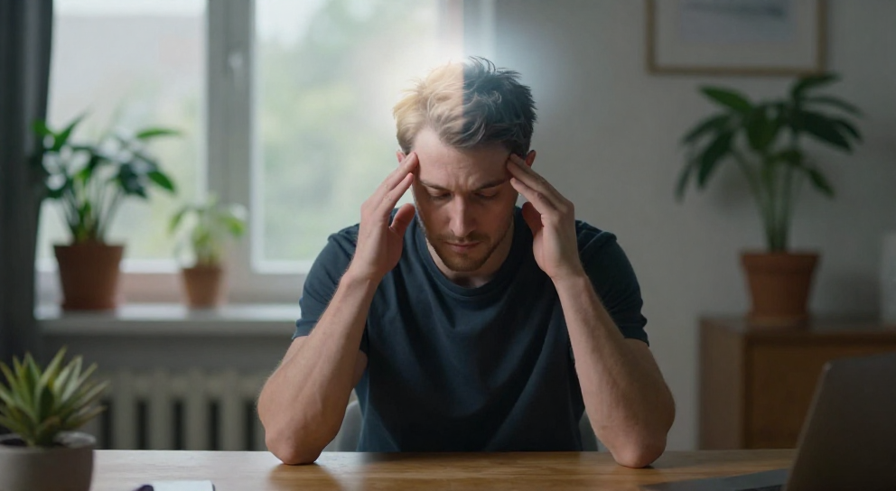 homme contemplatif en etude avec lumiere divisee