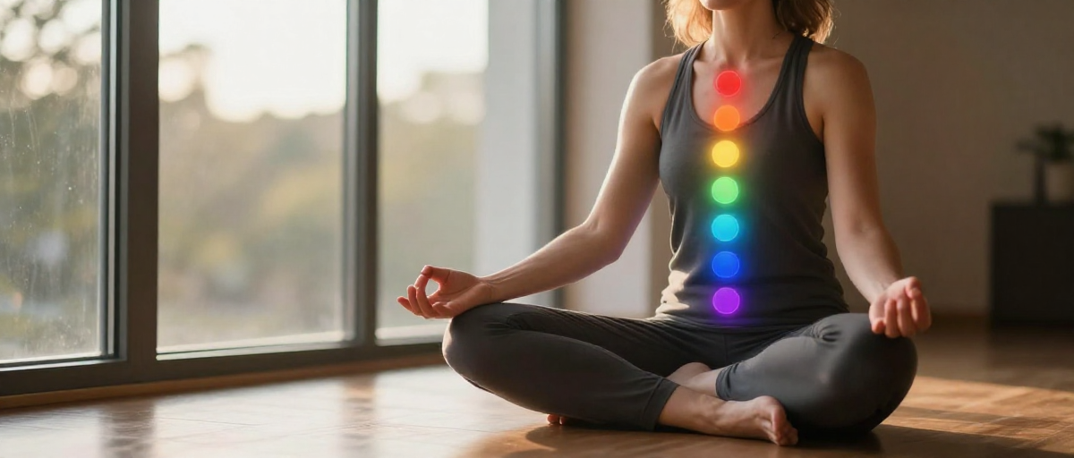 femme meditante devant des chakras lumineux