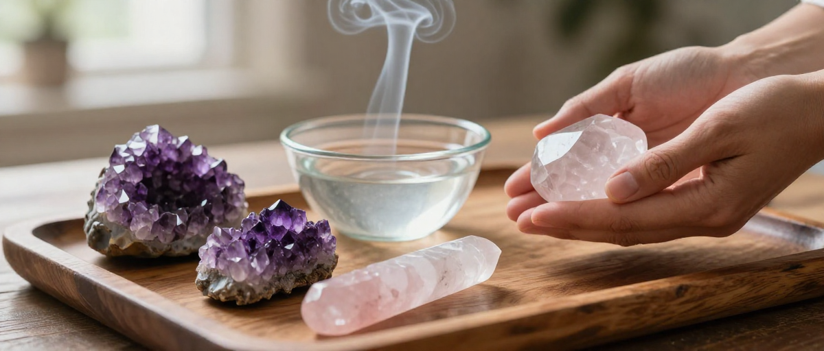 pierres quartz amethyste selenite sur plateau