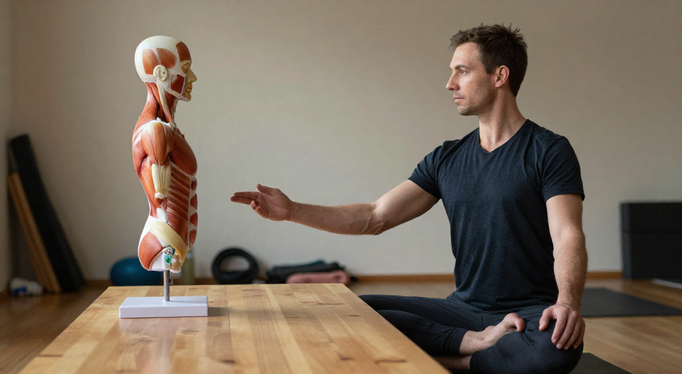 instructeur yoga montrant racine chakra
