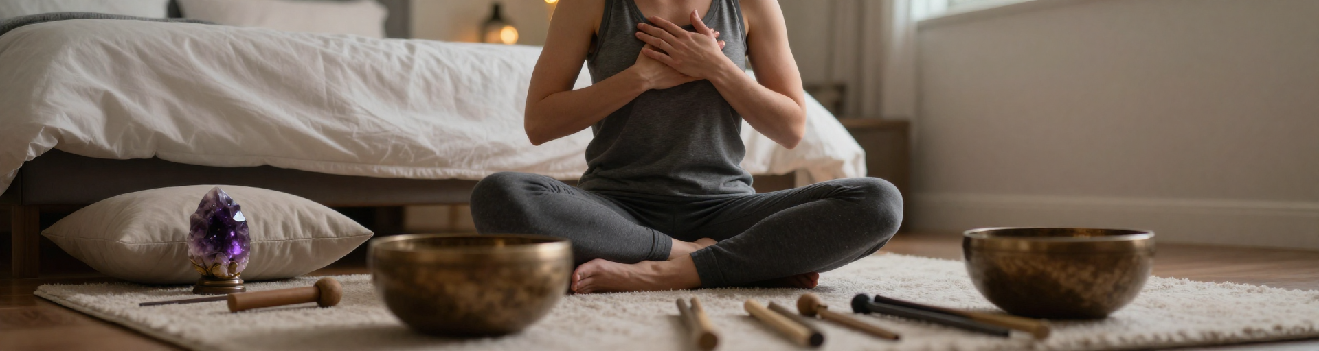 femme meditant avec amethyste et bols tibetains