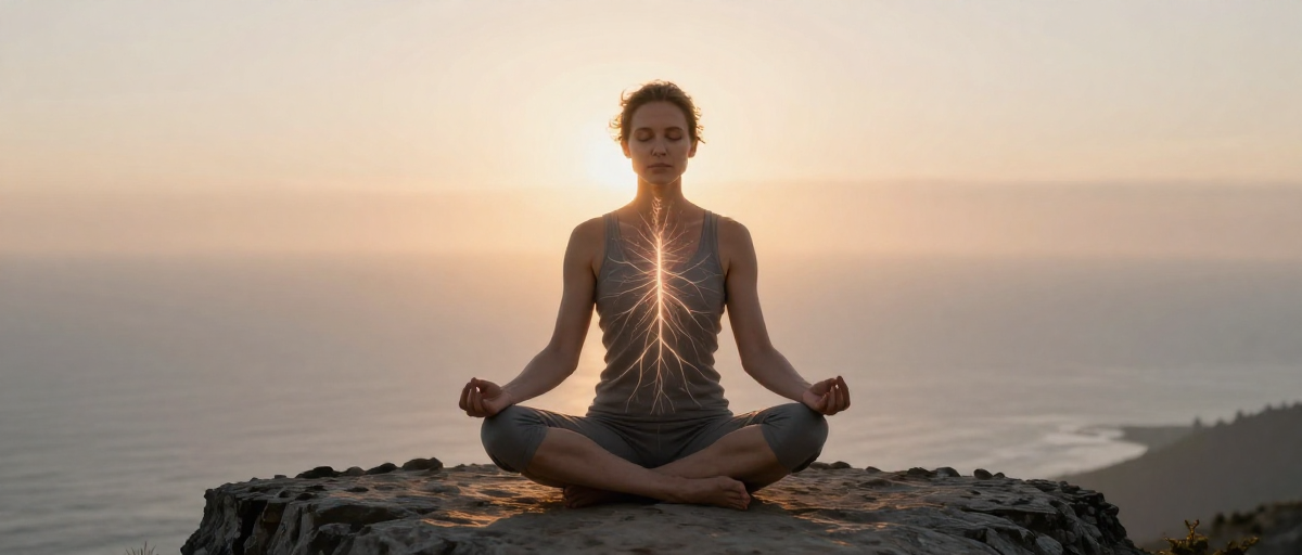 personne meditant sur falaise au lever