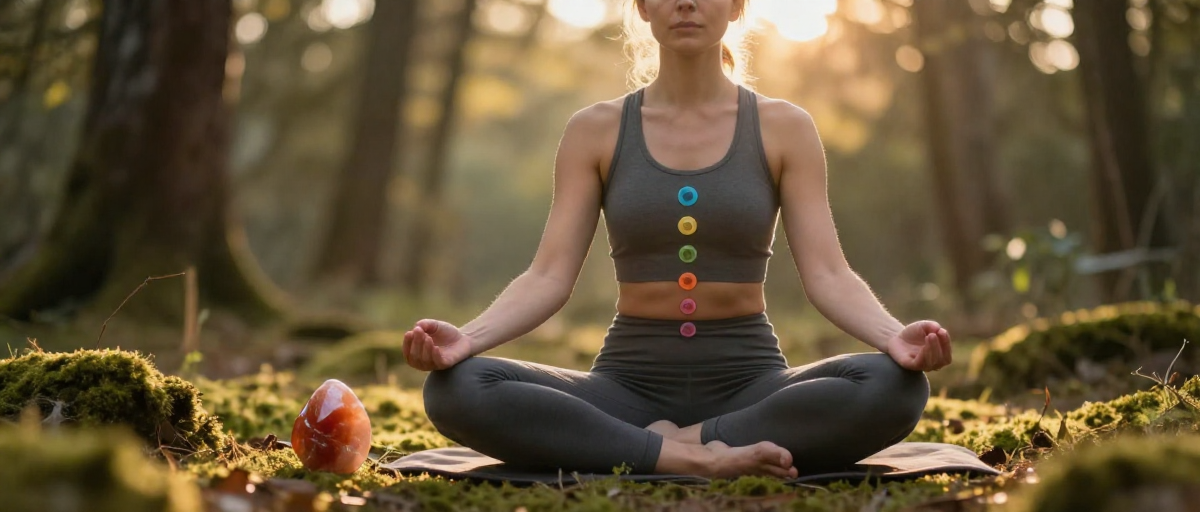 femme meditant dans une foret mousseuse