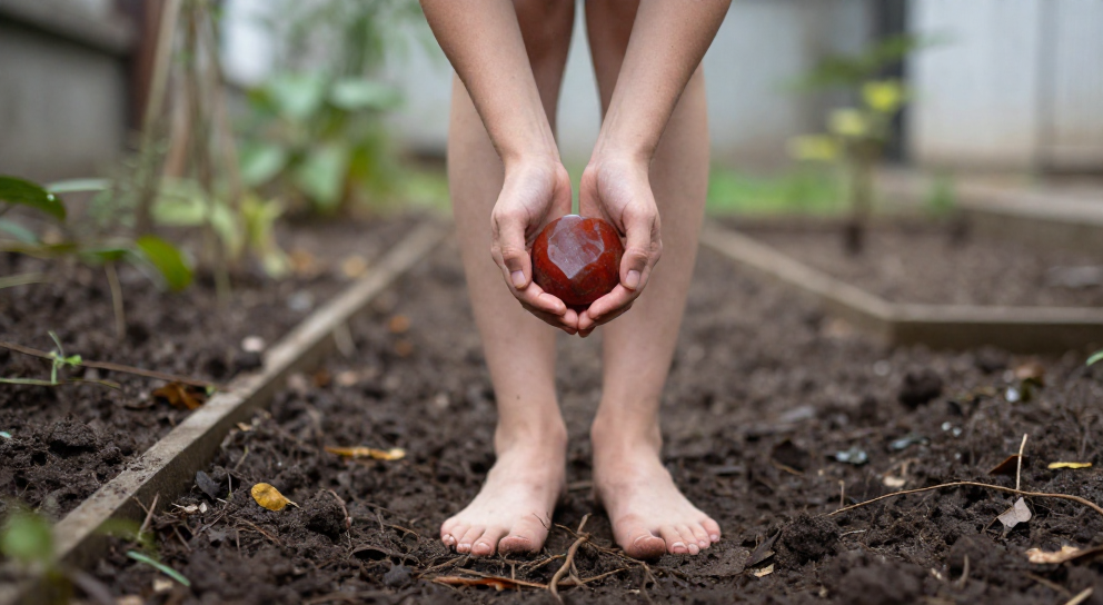 personne pieds nus dans un jardin urbain