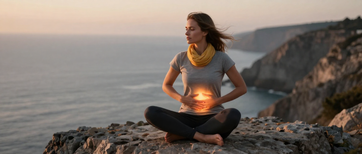femme pratiquant yoga sur falaise au soleil