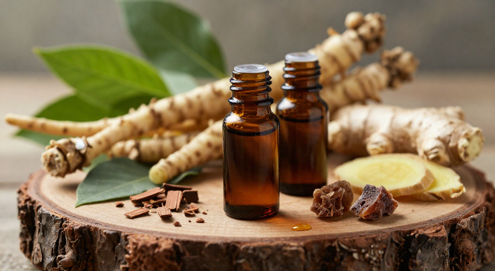 bouteilles ambrees et huiles de vetiver