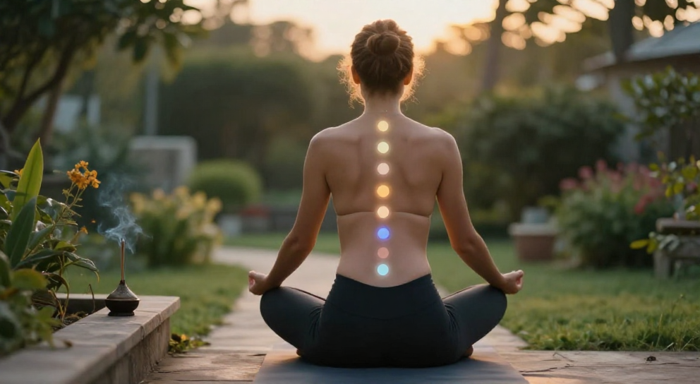 personne debout en yoga avec chakras visibles