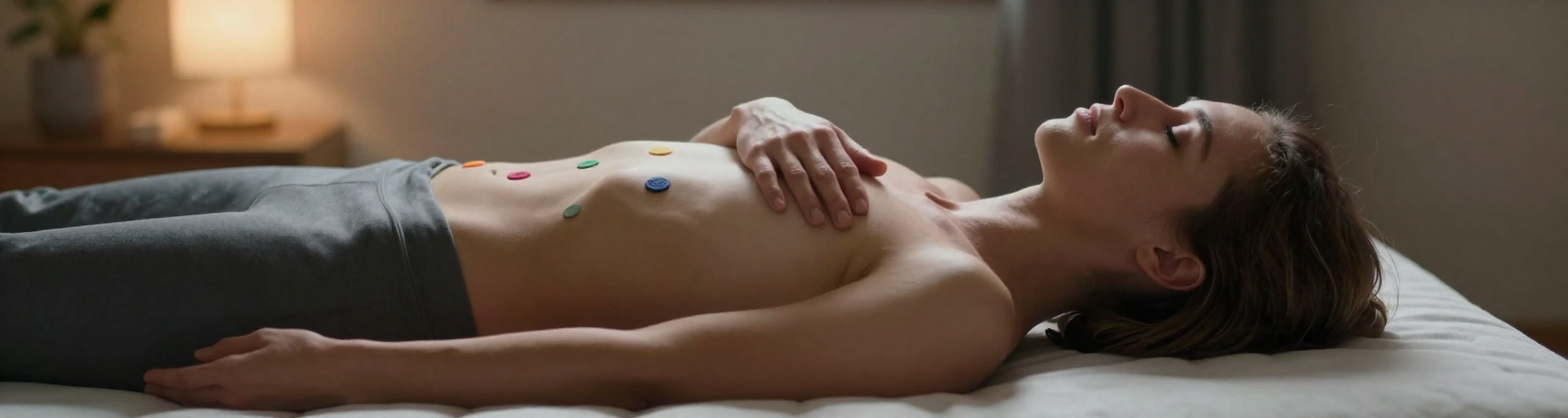 personne caucasienne allongee chakras eclaires