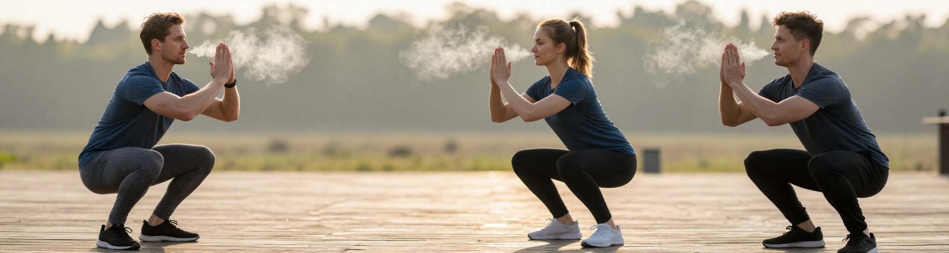 couple en exercice synchronise au lever du jour