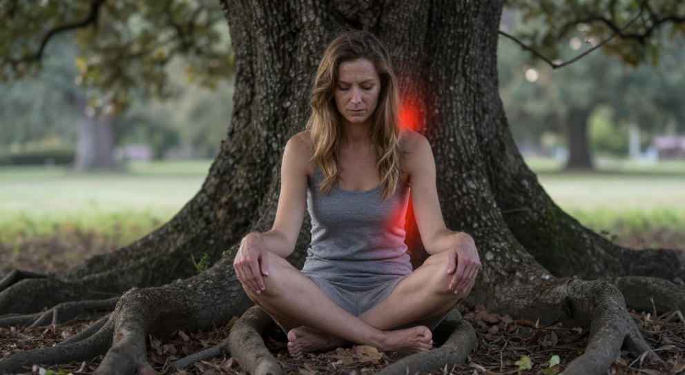 femme meditant au pied du chene