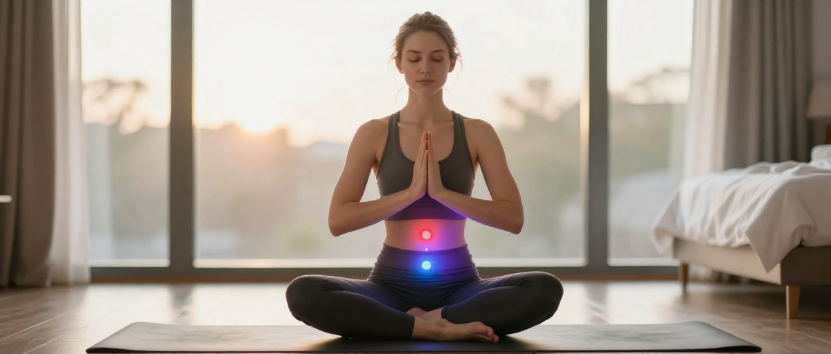 femme meditante sur tapis yoga lumineux
