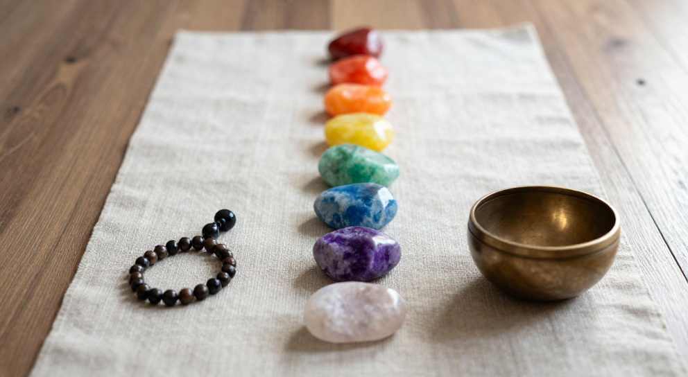sept chakras pierres sur lin
