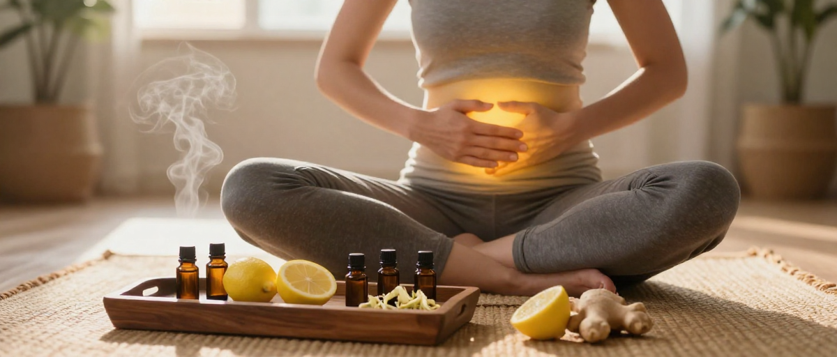 femme assise avec huiles essentielles