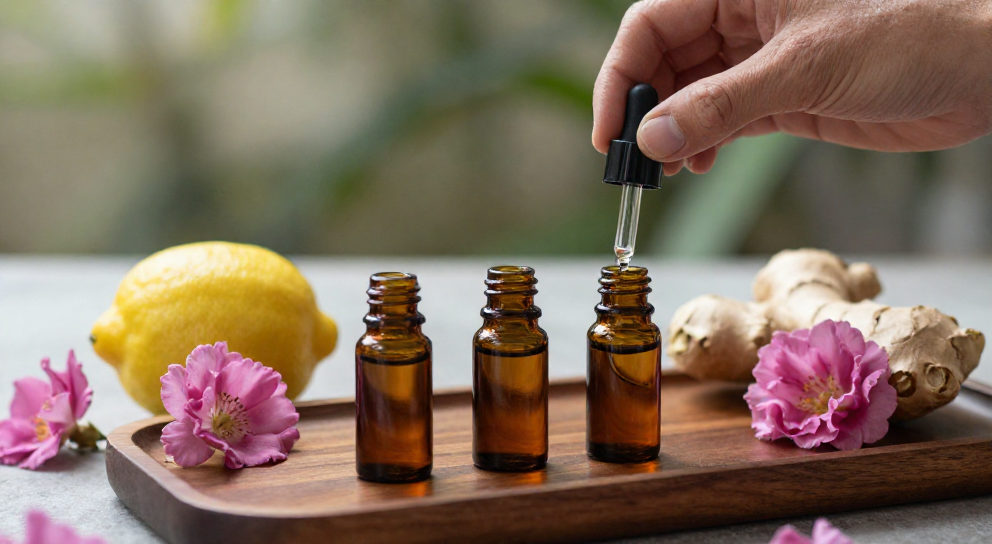 trois bouteilles d huiles essentielles ambrees