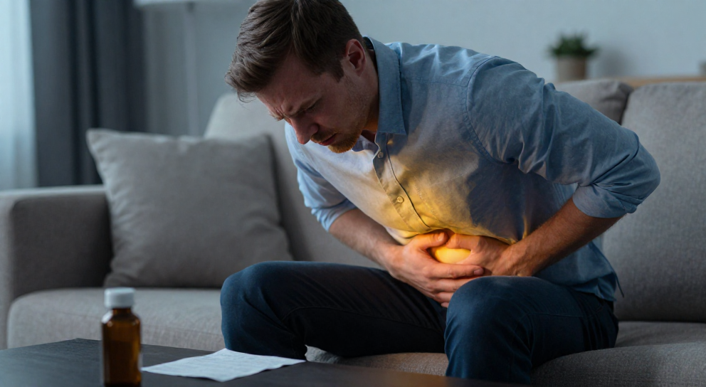 homme anxieux sur canape abdomen serre