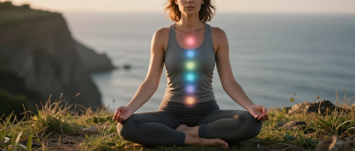femme meditativ e avec chakras et aura