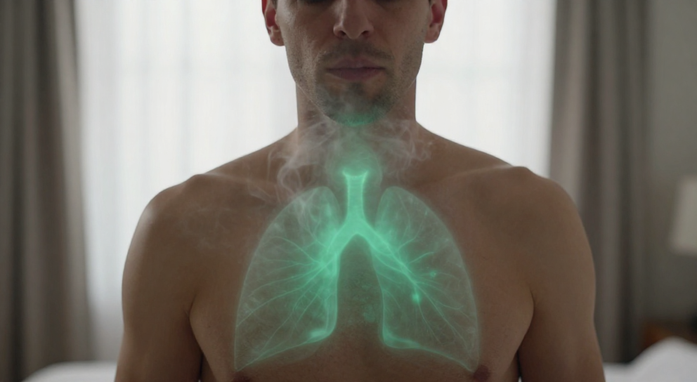 homme respire avec lueur verte sur sternum