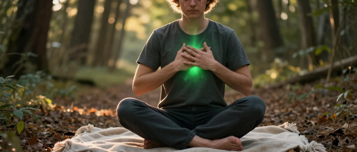 portrait contemplatif en foret avec chakra