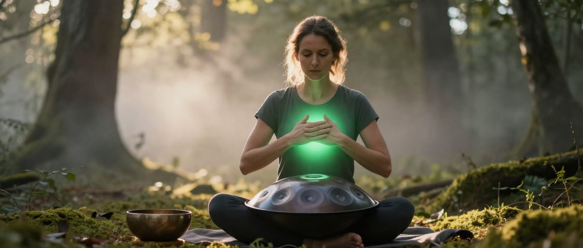 femme meditant dans clairiere forestiere lumineuse