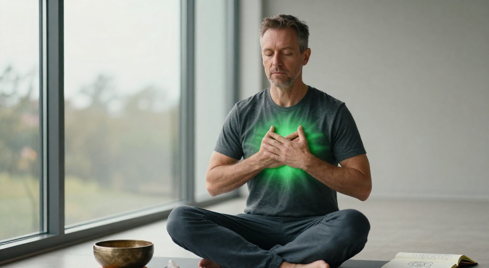 homme meditant energie verte au coeur