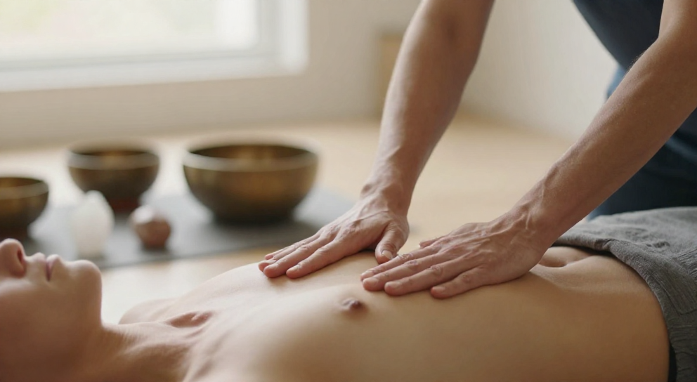 praticien placant energie au dessus du client