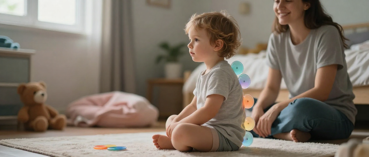 enfant assis sur tapis avec chakras