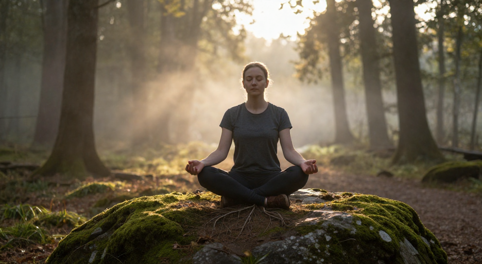 personne caucasienne meditante en foret