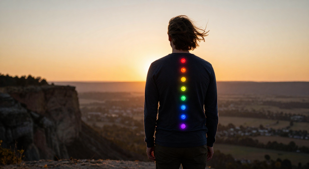 silhouette avec chakras au coucher du soleil
