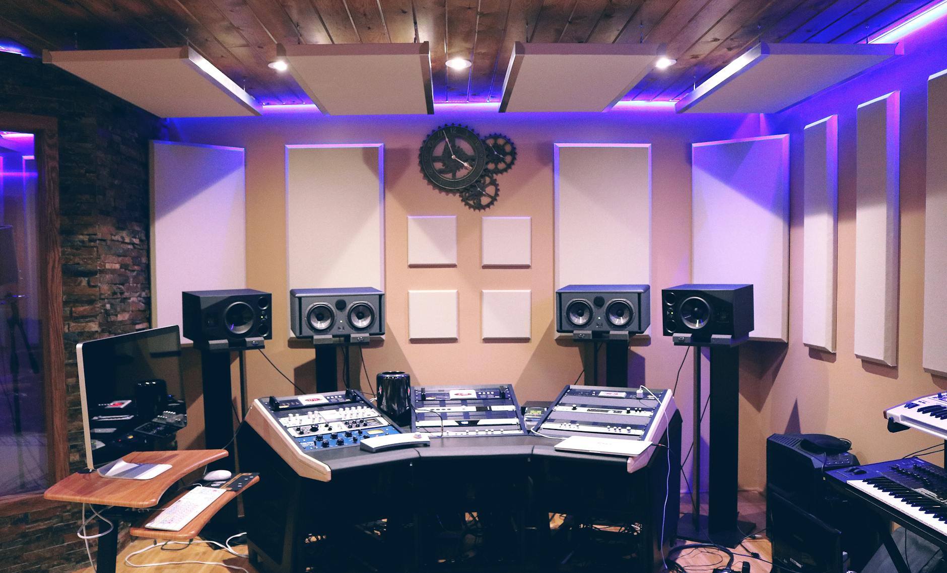 modern recording studio with high tech audio equipment and stylish lighting