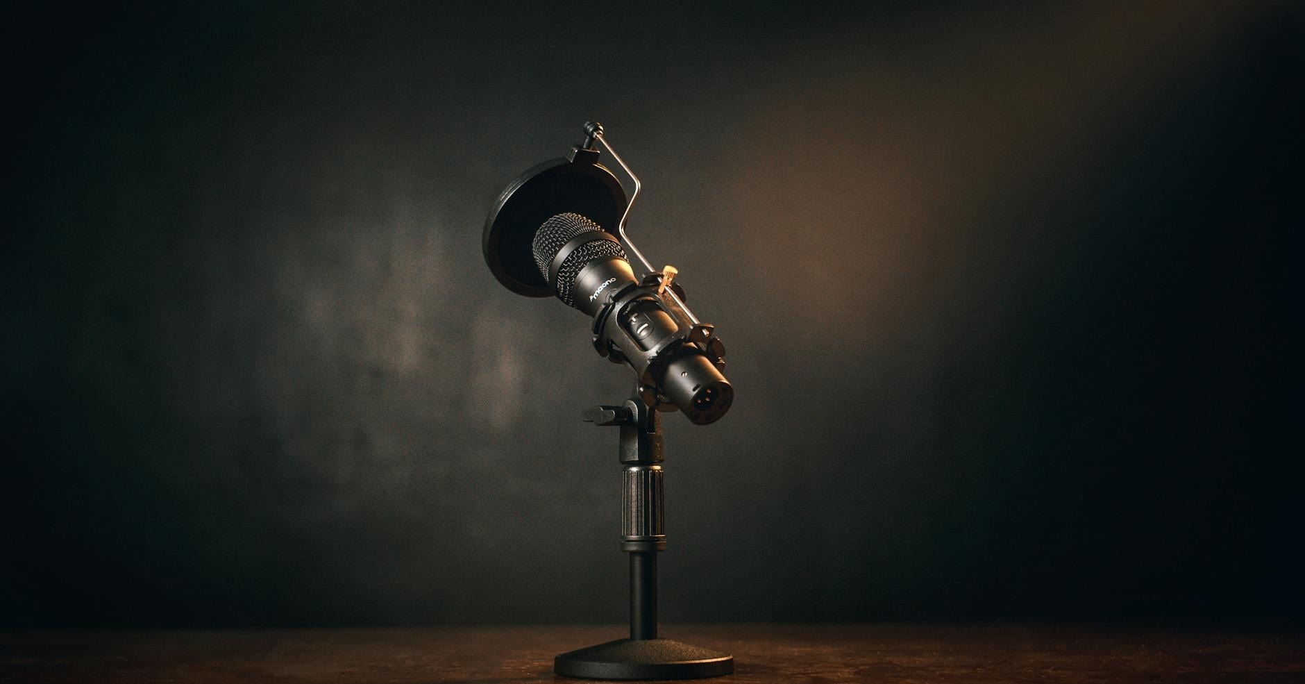 close up of a professional microphone setup in a dimly lit recording studio