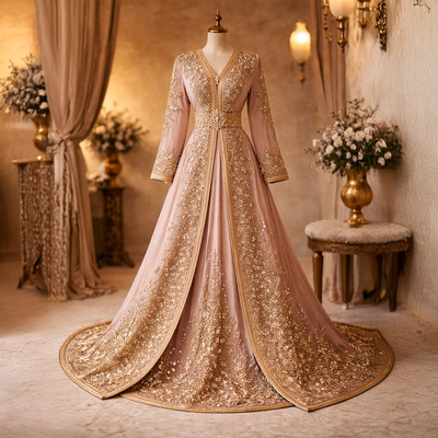 Caftan de Marrakech brodé or en crêpe de soie
