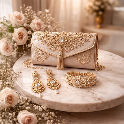 Pochette marocaine brodée or et perles assortie bijoux