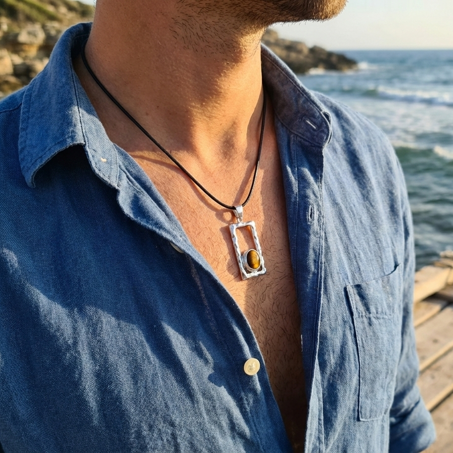 Pendentif martelé et oeil de tigre