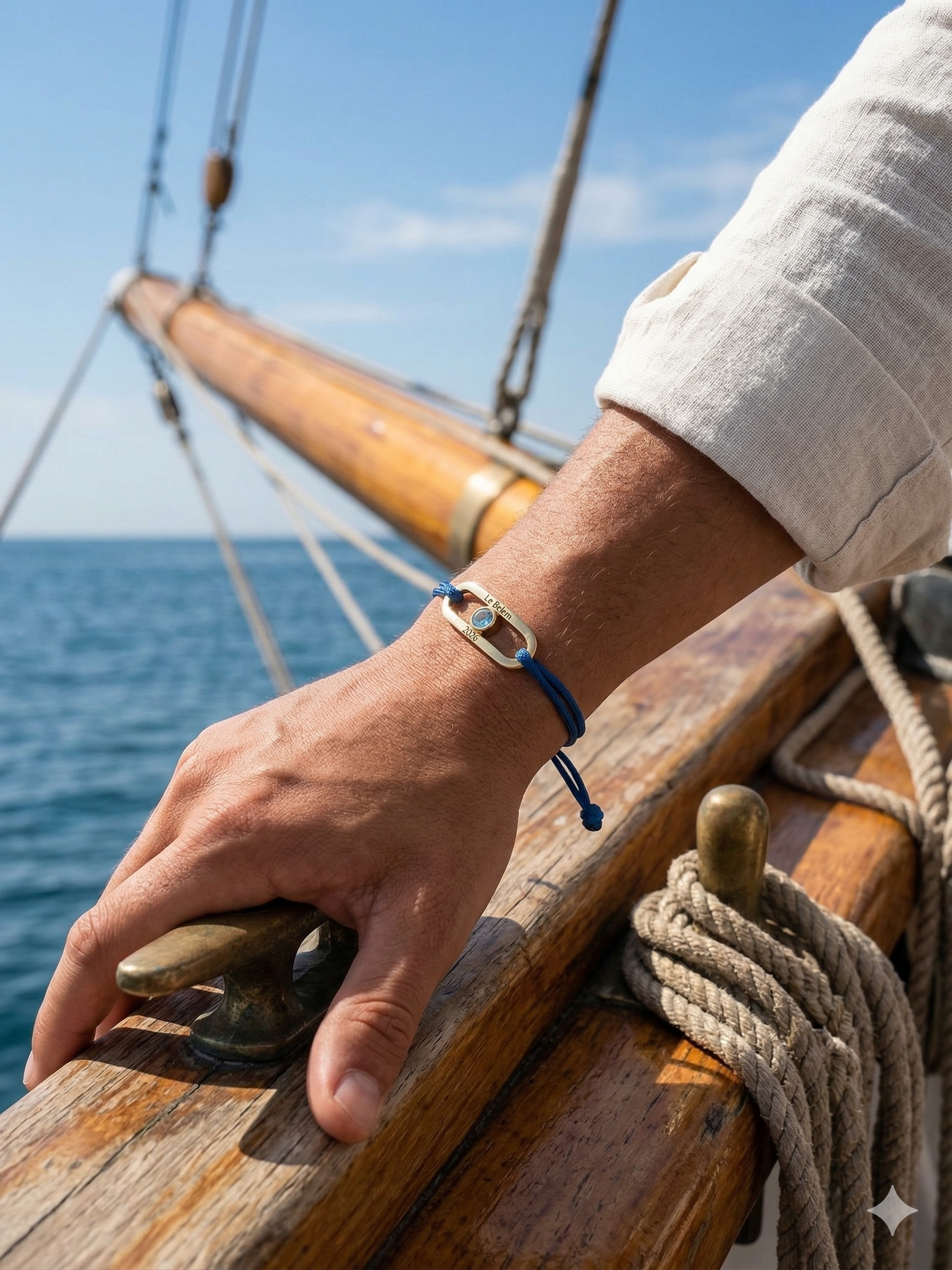 Bracelet Nautic Bijouterie JK en or 750 gravé, aigue-marine centrale et cordon bleu, porté par un homme sur un yacht tenant un cordage.