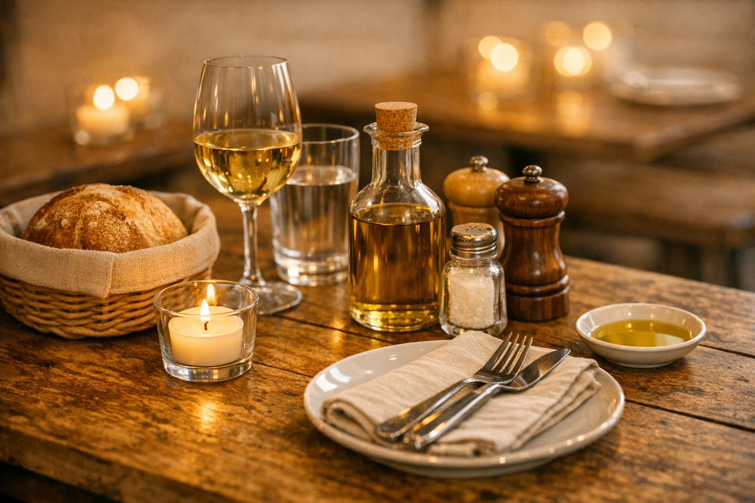 Table de restaurant avec vaisselle et serviettes textiles