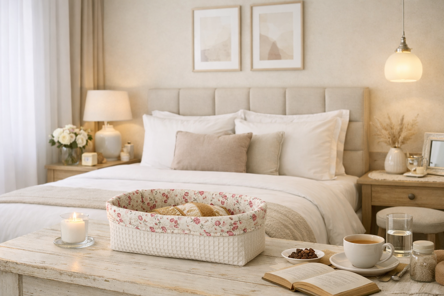 Chambre d’hôtes avec linge de lit et décoration textile