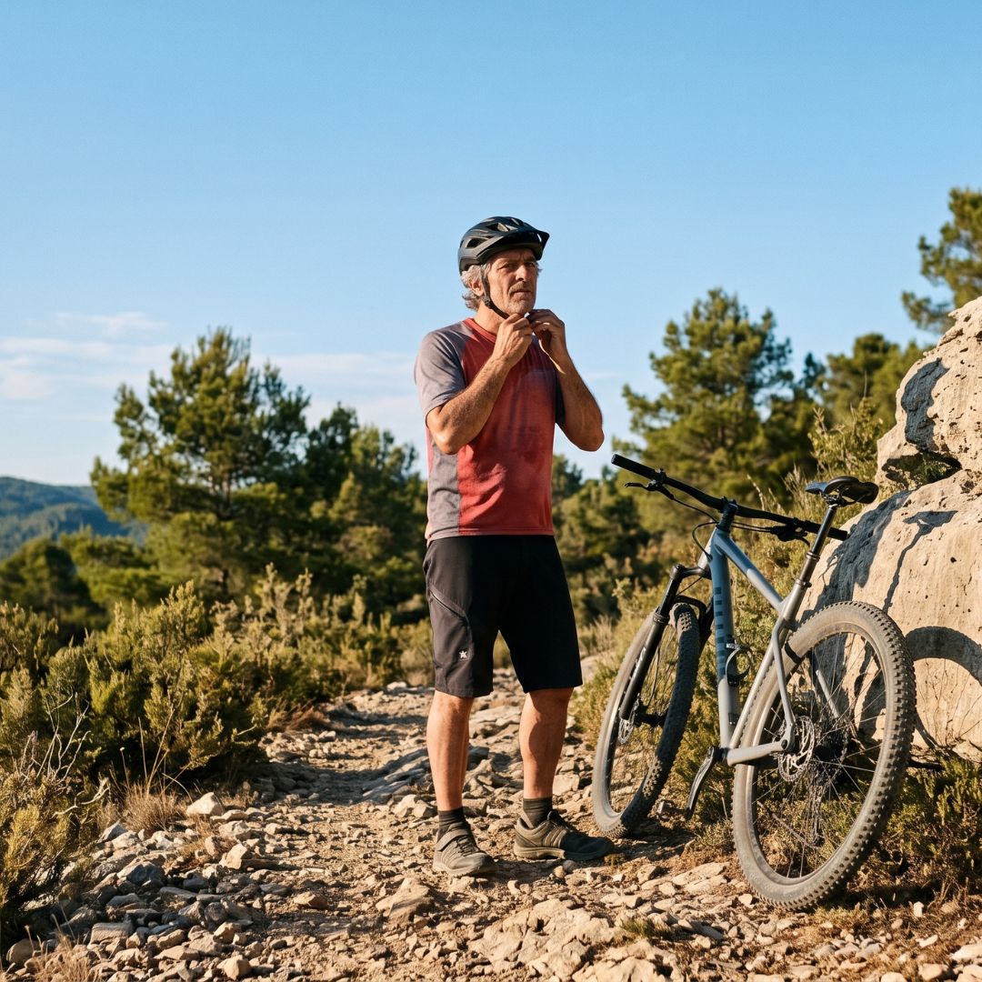 Cycliste arrêté en haut d'une longue montée, essuyant son visage, lunettes posées sur le KOLOLULU