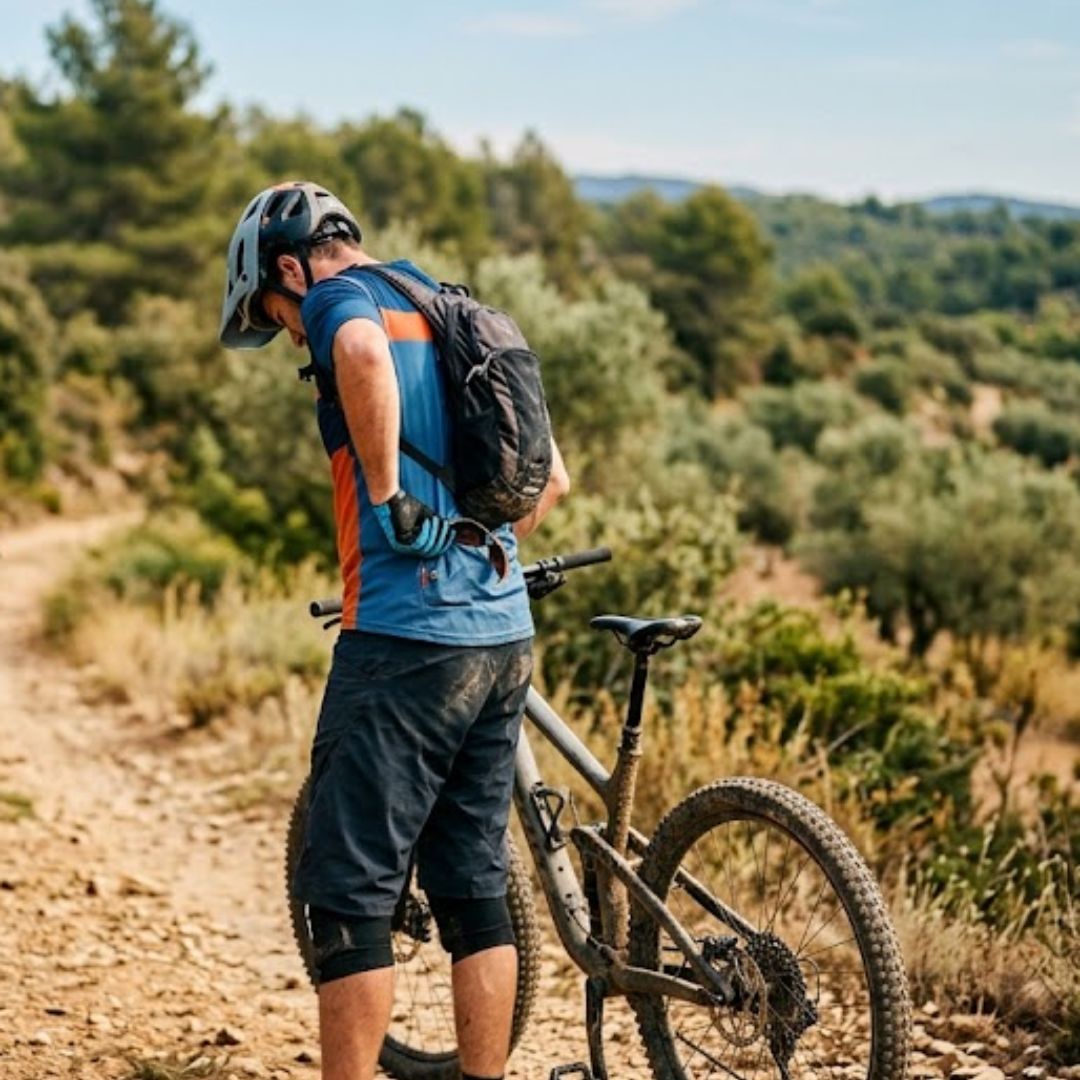 Deux amis cyclistes à l'arrêt, l'un montrant le KOLOLULU sur son guidon à l'autre