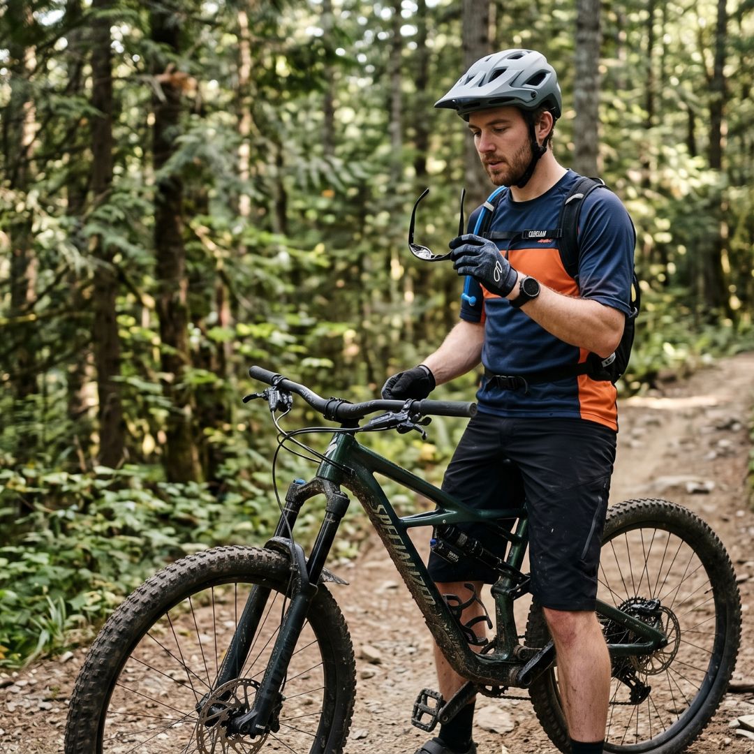 Arrêt en sous-bois ombragé, cycliste consultant son GPS, lunettes sur le guidon