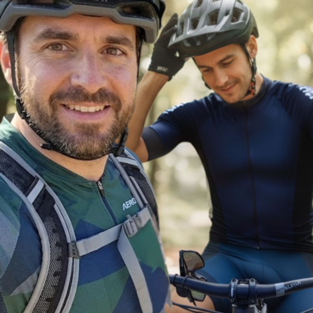 Pause entre amis en VTT — porte-lunettes KOLOLULU sur le guidon