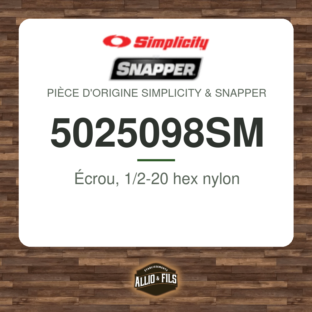 Écrou, 1/2-20 hex nylon - Simplicity & Snapper 5025098SM