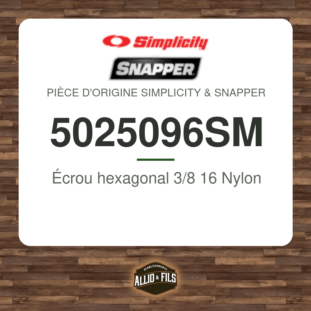 Écrou hexagonal 3/8 16 Nylon - Simplicity & Snapper 5025096SM