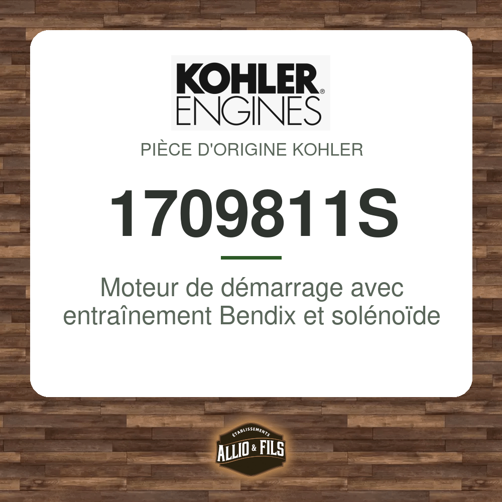 Moteur de démarrage avec entraînement Bendix et solénoïde - Kohler 1709811S