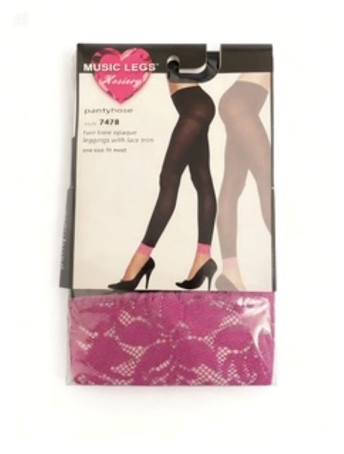 Legging fin opaque noir dentelle rose  (2)