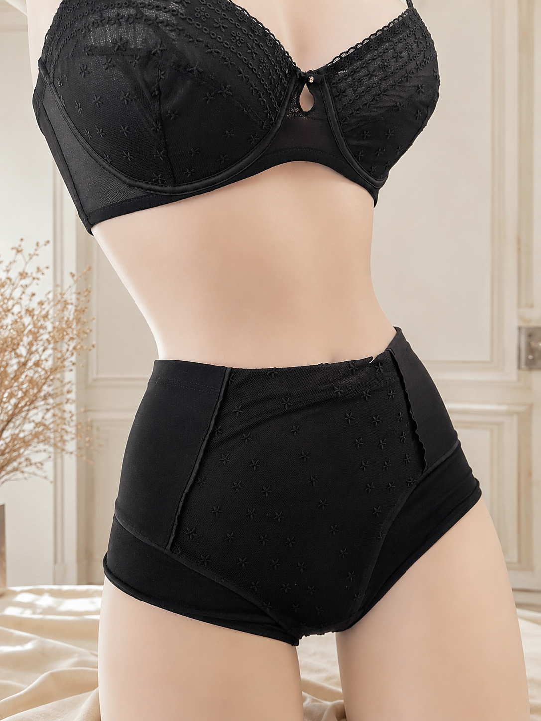 Ensemble lingerie sculptante femme noir – Culotte haute ventre plat &amp; soutien-gorge transparent  (6)